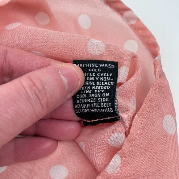 Women's Pink Sheer Polka Dot Button Up Blouse Lace Pockets Mock Collar Coquette - Picture 12 of 12